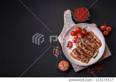 Crispy fried pork bacon sliced with salt, spices and herbs 123274317