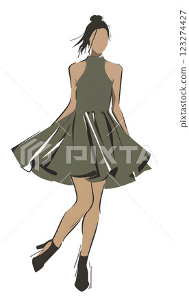 The illustration showcases a stylish woman in an elegant green halterneck dress with a bun hairstyle, epitomizing contemporary fashion with her chic and minimalist look 123274427