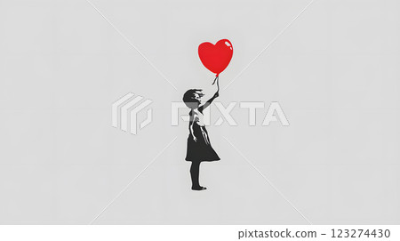 The silhouette of a young girl reaching for a red heart balloon symbolizes innocence and hope in an iconic street art style. Perfect for themes related to art and culture 123274430
