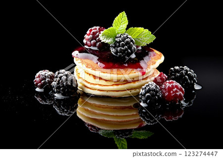 Stack of golden pancakes with berries and dripping sauce on black background Stack of golden pancakes with berries and dripping sauce on black background 123274447