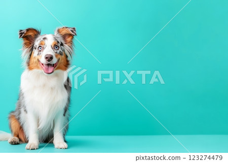 Playful Australian Shepherd dog posing on vibrant background with expressive faces. 123274479
