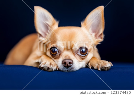 Chihuahua dog on colorful background, showing cute and playful expressions. 123274480