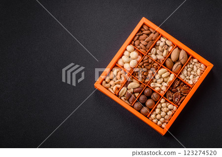 Box with various nuts cashew, macadamia, peanut, cedar, pecan, walnut, brazil, hazelnut Box with various nuts cashew, macadamia, peanut, cedar, pecan, walnut, brazil, hazelnut 123274520