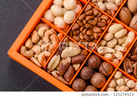 Box with various nuts cashew, macadamia, peanut, cedar, pecan, walnut, brazil, hazelnut Box with various nuts cashew, macadamia, peanut, cedar, pecan, walnut, brazil, hazelnut 123274523