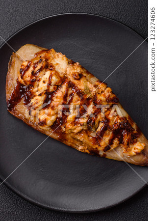 Grilled mackerel fillets with cheese, salt, spices and herbs 123274606