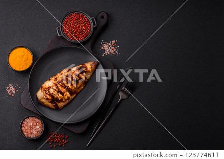 Grilled mackerel fillets with cheese, salt, spices and herbs Grilled mackerel fillets with cheese, salt, spices and herbs 123274611