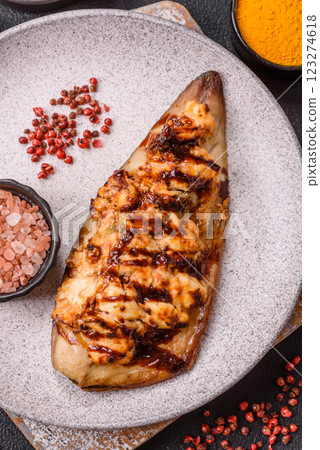 Grilled mackerel fillets with cheese, salt, spices and herbs 123274618