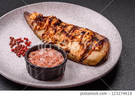 Grilled mackerel fillets with cheese, salt, spices and herbs 123274619