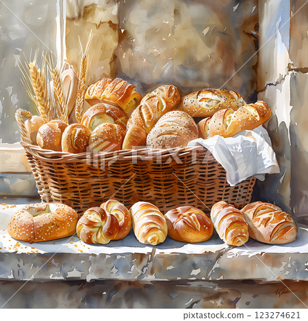 The picturesque setting features a wicker basket filled to the brim with an assortment of freshly baked bread and pastries, showcasing the beauty of artisanal bakery delights 123274621