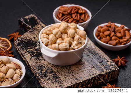 Delicious nutritious hazelnut in ceramic bowl 123274741