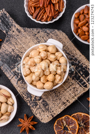 Delicious nutritious hazelnut in ceramic bowl 123274743