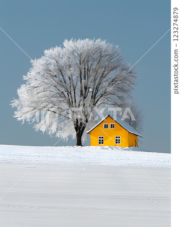 A yellow house is surrounded by a snowy field, with a lone tree nearby. The freezing landscape is enhanced by tints and shades of white and green, creating a serene natural scene 123274879