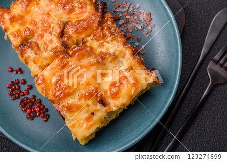 Lasagna or pasta layered with meat, cheese, salt, spices and herbs Lasagna or pasta layered with meat, cheese, salt, spices and herbs 123274899