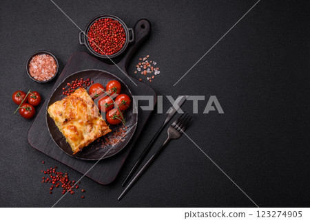 Lasagna or pasta layered with meat, cheese, salt, spices and herbs 123274905