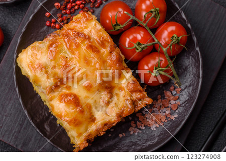 Lasagna or pasta layered with meat, cheese, salt, spices and herbs Lasagna or pasta layered with meat, cheese, salt, spices and herbs 123274908