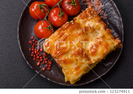 Lasagna or pasta layered with meat, cheese, salt, spices and herbs 123274911
