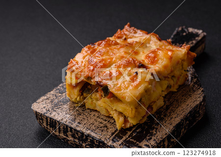 Lasagna or pasta layered with meat, cheese, salt, spices and herbs 123274918