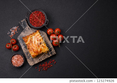 Lasagna or pasta layered with meat, cheese, salt, spices and herbs Lasagna or pasta layered with meat, cheese, salt, spices and herbs 123274926