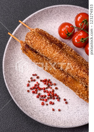Lula kebab meat fried on a fire in breading with salt, spices and herbs 123274933