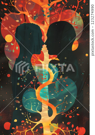 Vibrant concept art showcases the silhouettes of a couple facing each other, creatively entwined with an artistic depiction of nature and life, expressing a romantic and intimate bond 123274990
