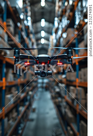 In a warehouse, a drone showcases cuttingedge technology by efficiently managing inventory and logistics in shelves packed with boxes, emphasizing automation and robotics 123274991
