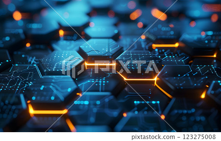 The hexagonal network with glowing circuits symbolizes innovation, digital design, and cyber connectivity, reflecting advanced technology and futuristic themes in an abstract and modern way The hexagonal network with glowing circuits symbolizes innovation, digital design, and cyber connectivity, reflecting advanced technology and futuristic themes in an abstract and modern way 123275008