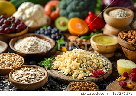 There is a variety of dishes made with different ingredients from plants on the table, showcasing various cuisines and recipes from different food groups 123275173
