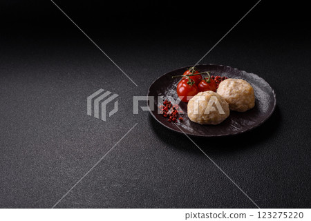 Delicious healthy steamed chicken cutlets or minced meatballs 123275220