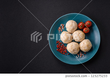 Delicious healthy steamed chicken cutlets or minced meatballs 123275233