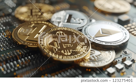 A collection of coins, including nickels and silver dollars, rest on a motherboard. The mix of currency and technology creates a unique scene of money and metal 123275401
