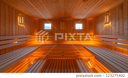Indulge in the serene ambience of a traditional wooden sauna, featuring warm lighting and different seat arrangements for a more soothing and peaceful relaxation session 123275402