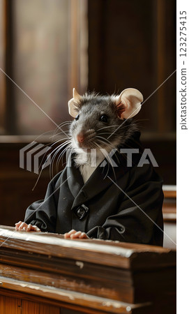 Imagine an entertaining scene in the court where a rat in a lawyer suit represents a client with wit and legal knowledge, creating a blend of humor and law in the courtroom Imagine an entertaining scene in the court where a rat in a lawyer suit represents a client with wit and legal knowledge, creating a blend of humor and law in the courtroom 123275415