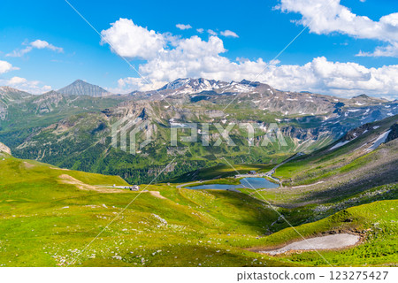 Majestic mountains and lush green valleys surround the breathtaking Grossglockner High Alpine Road in Austria. Clear blue skies and scattered clouds enhance the beauty of the region. 123275427