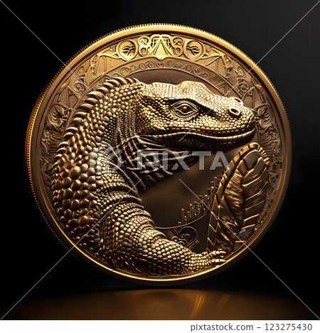 A stunning highresolution image showcases a meticulously crafted golden coin with an intricate lizard design, surrounded by a detailed background, an ideal addition to any art collection A stunning highresolution image showcases a meticulously crafted golden coin with an intricate lizard design, surrounded by a detailed background, an ideal addition to any art collection 123275430