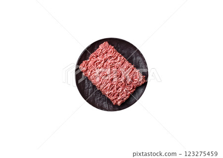 Fresh raw ground minced beef with salt and spices Fresh raw ground minced beef with salt and spices 123275459