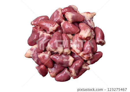 Raw chicken hearts with salt, spices and herbs Raw chicken hearts with salt, spices and herbs 123275467