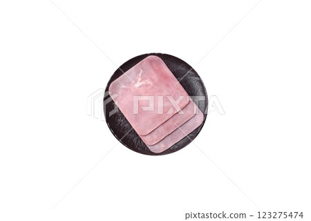Ham cut into square slices for making delicious nutritious sandwiches Ham cut into square slices for making delicious nutritious sandwiches 123275474