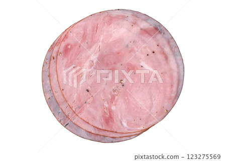 Smoked ham with salt, spices and herbs cut into round slices Smoked ham with salt, spices and herbs cut into round slices 123275569