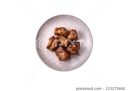Delicious grilled chicken, turkey or pork skewers with salt, spices and herbs 123275600
