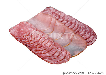 Delicious fresh smoked sausages cut with slices 123275628