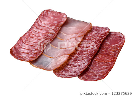 Delicious fresh smoked sausages cut with slices Delicious fresh smoked sausages cut with slices 123275629