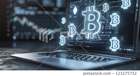An electric blue laptop displaying a bunch of bitcoins on the screen, showcasing a blend of engineering and art in the digital city landscape An electric blue laptop displaying a bunch of bitcoins on the screen, showcasing a blend of engineering and art in the digital city landscape 123275732