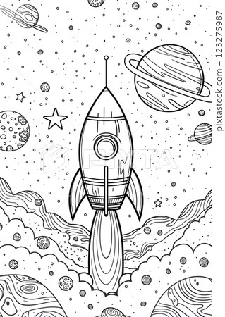 An intricate black and white handdrawn artwork of a space rocket launching into a starry sky, surrounded by planets and cosmic elements, evokes a sense of exploration and fantasy An intricate black and white handdrawn artwork of a space rocket launching into a starry sky, surrounded by planets and cosmic elements, evokes a sense of exploration and fantasy 123275987