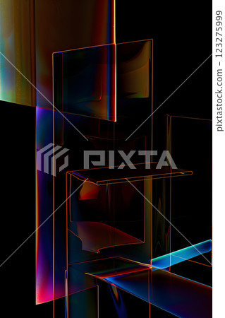 A composite material rectangle fixture made of transparent glass space filled with tints and shades of electric blue, creating a gas art piece on a black background with a rainbow of colors 123275999