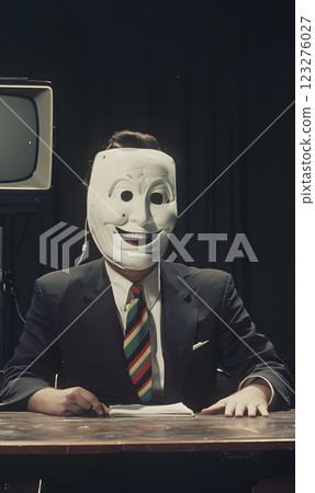 The news anchor sits at a desk with a vintage television in the background, wearing a mask, giving the scene an eerie and mysterious vibe, reminiscent of classic noir themes 123276027
