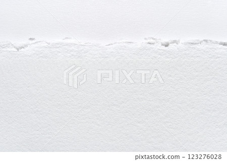 Close-up of textured torn white paper edge with detailed fibers and rough 123276028