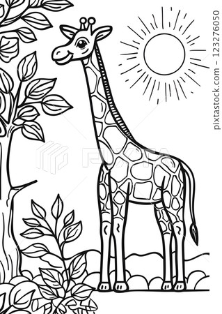 A white and black artistic representation of a Giraffidae mammal standing next to a tree branch in nature, showcasing the graceful form of this tall vertebrate organism 123276050
