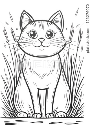 A cartoon drawing of a Felidae, a vertebrate mammal and carnivorous organism, sitting in the grass. The cats gesture is captured in this art piece, showcasing small to mediumsized cats 123276070