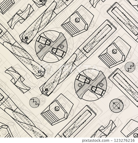 Mechanical engineering drawings on sepia background. Drill tools, borer. Technical Design. Cover. Blueprint. Vector illustration. Seamless pattern. 123276216