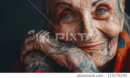 portrait of an elderly woman with intricate tattoos and a warm, knowing smile, embodying individuality, resilience, and the beauty of a life well-lived portrait of an elderly woman with intricate tattoos and a warm, knowing smile, embodying individuality, resilience, and the beauty of a life well-lived 123276244